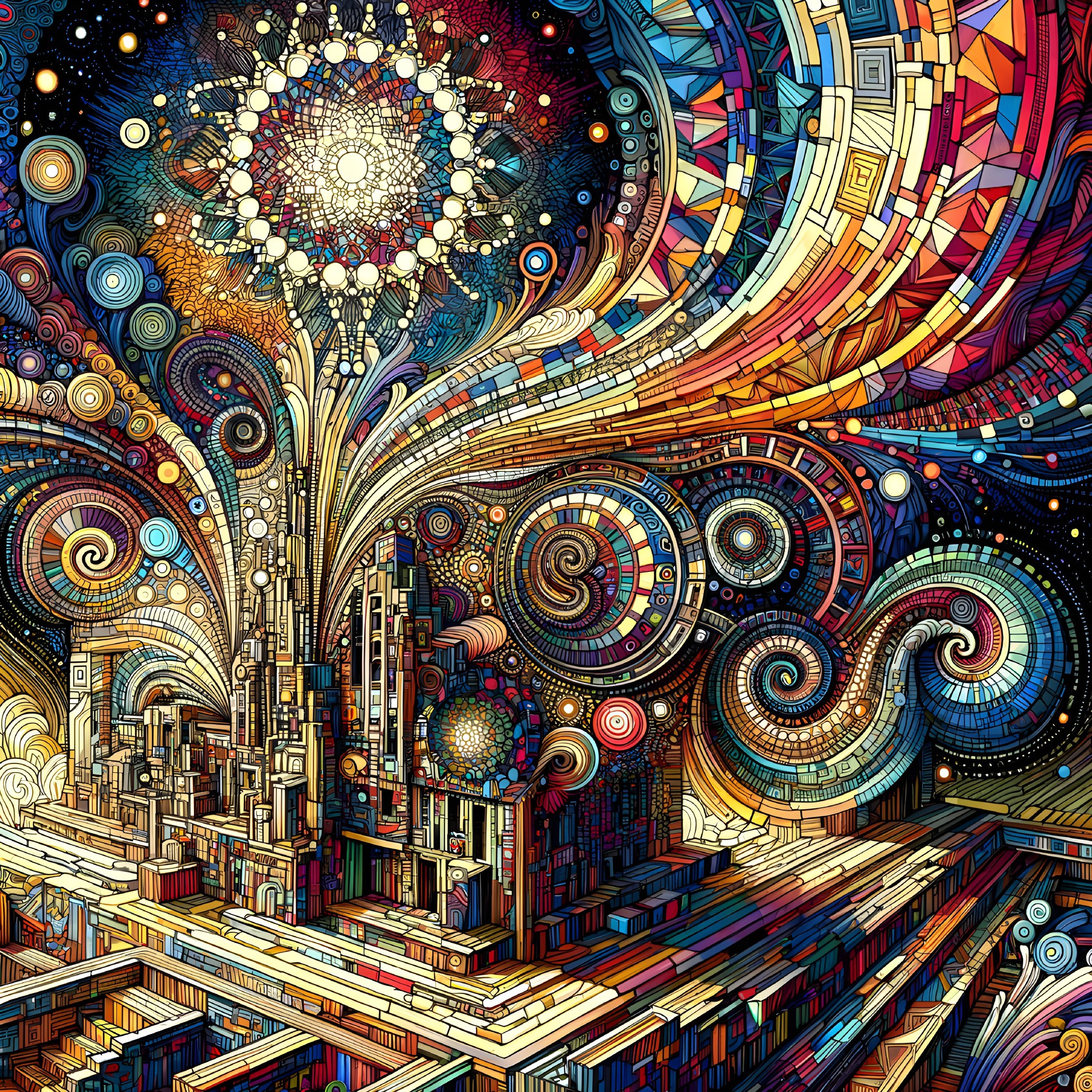 Vibrant Abstract Cityscape with Swirling Patterns