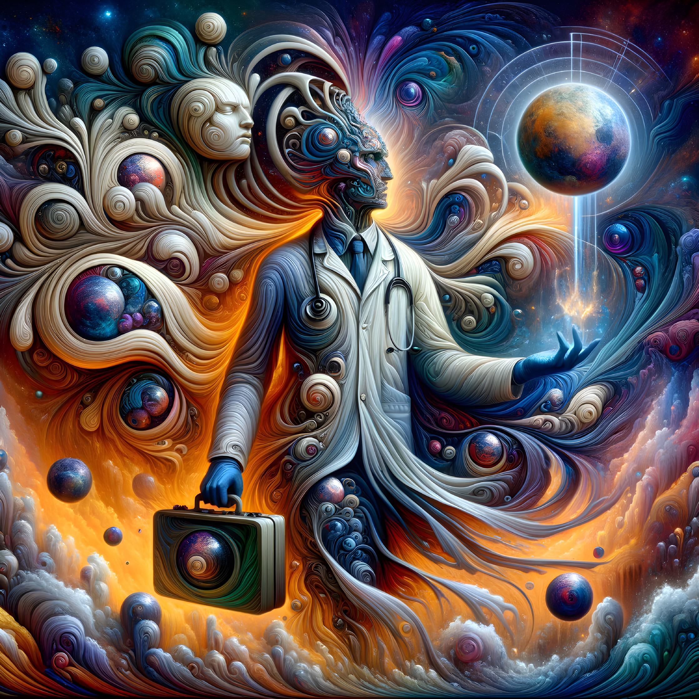 Cosmic Landscape with Figure in Lab Coat and Briefcase