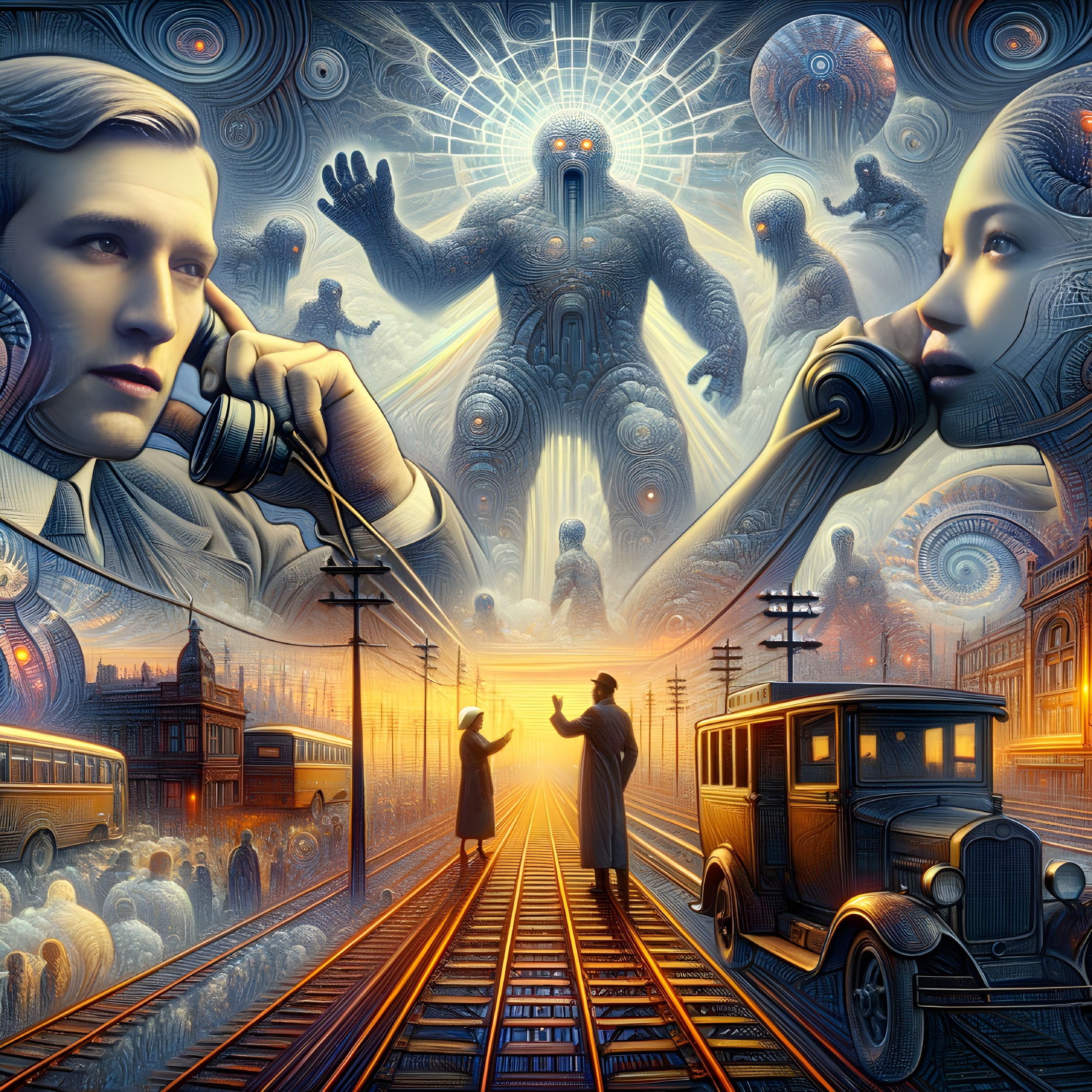 Surreal Artwork Featuring Giant Figure and Vintage Scene
