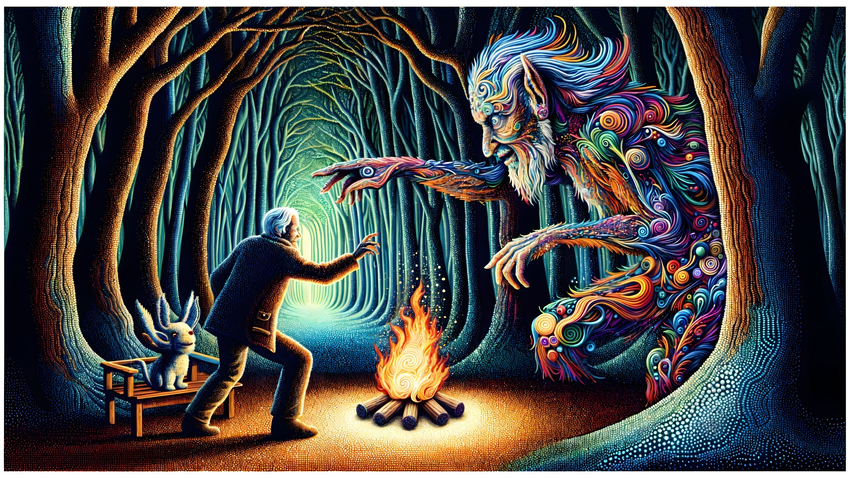 Mystical Forest Scene with Man, Creature, and Spirit