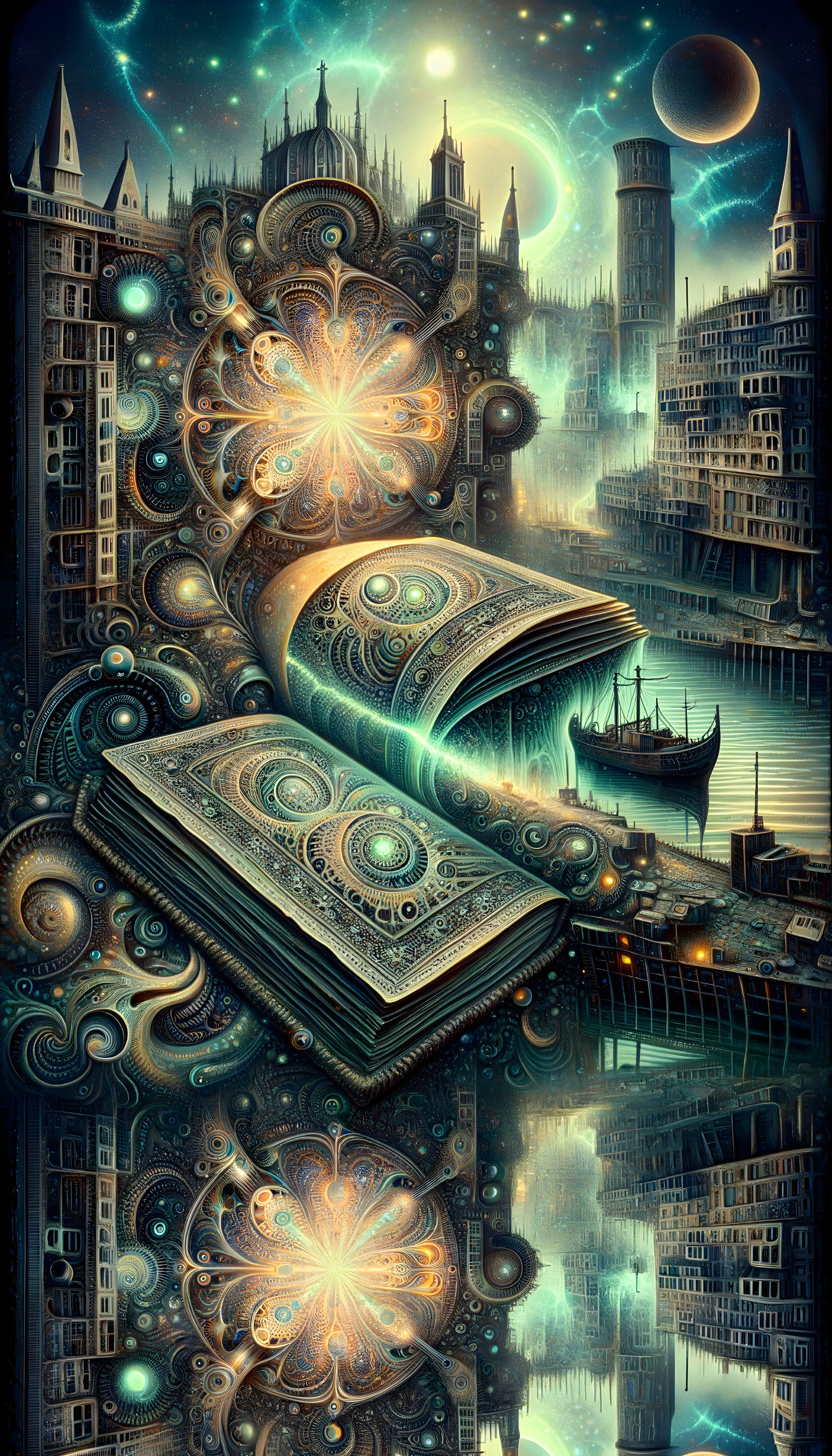 Floating Book Over Waterway with Surreal Cityscape