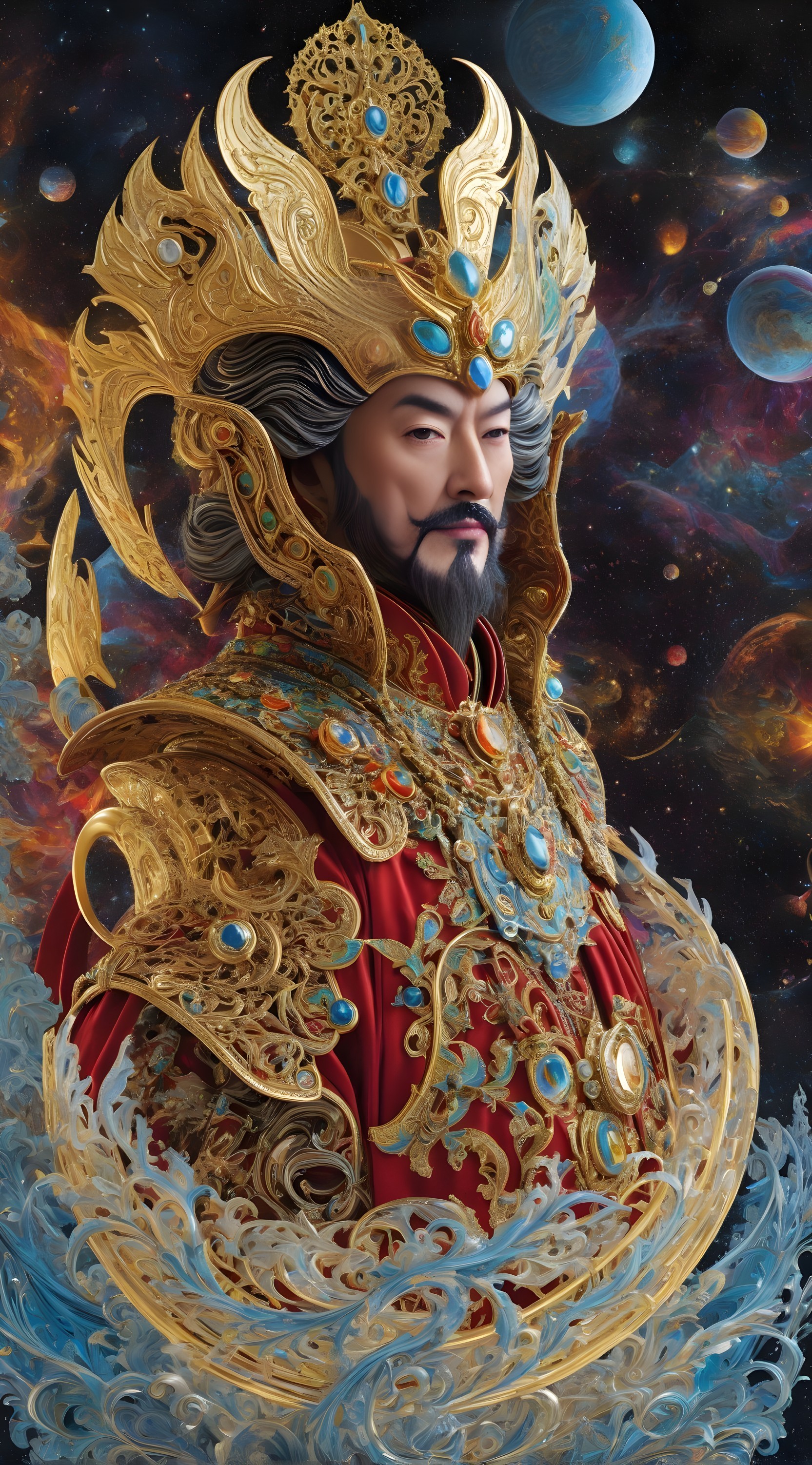 Regal figure in golden crown and armor on cosmic background.