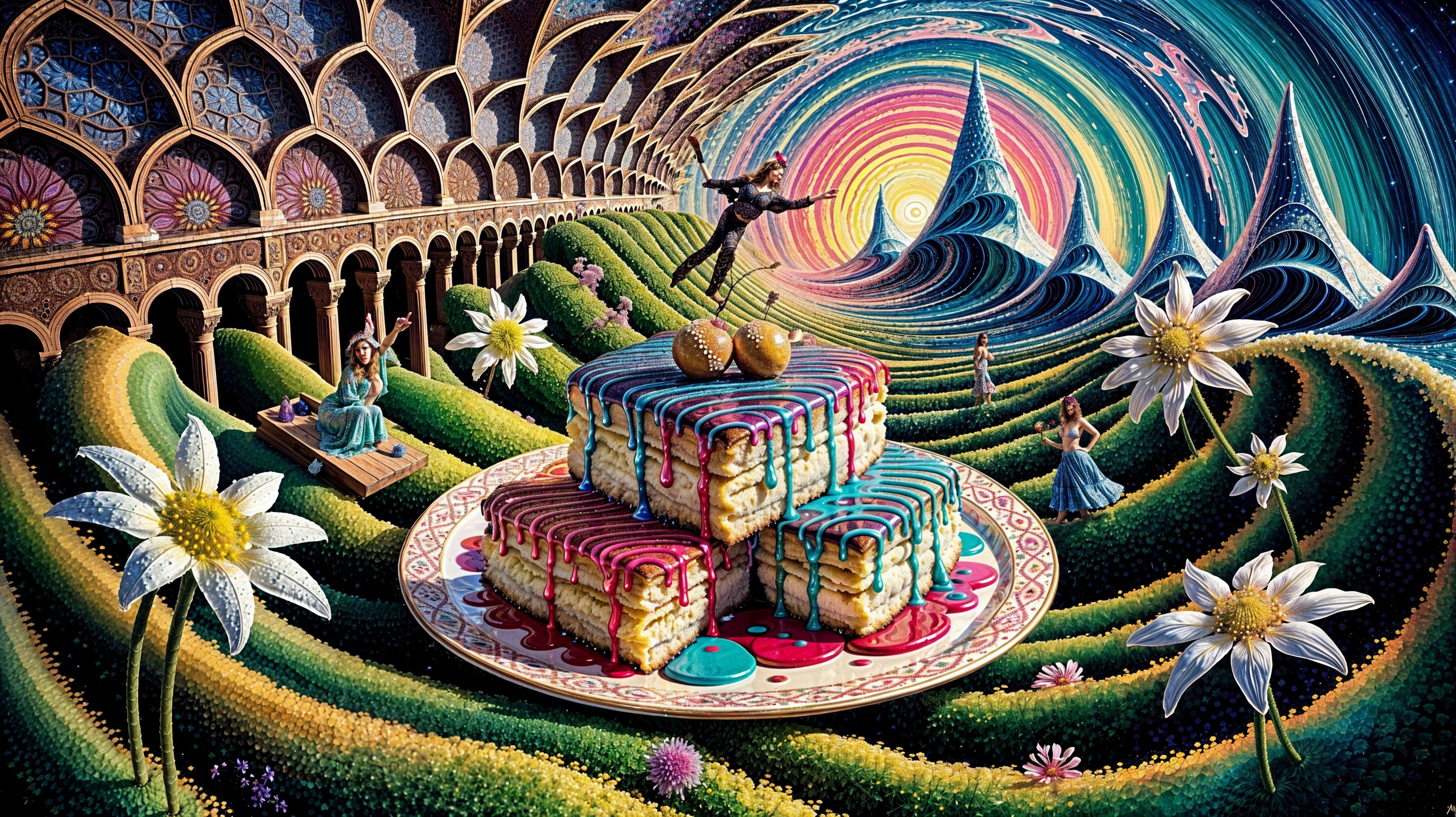 Whimsical Scene of Colorful Cakes in Dreamlike Landscape