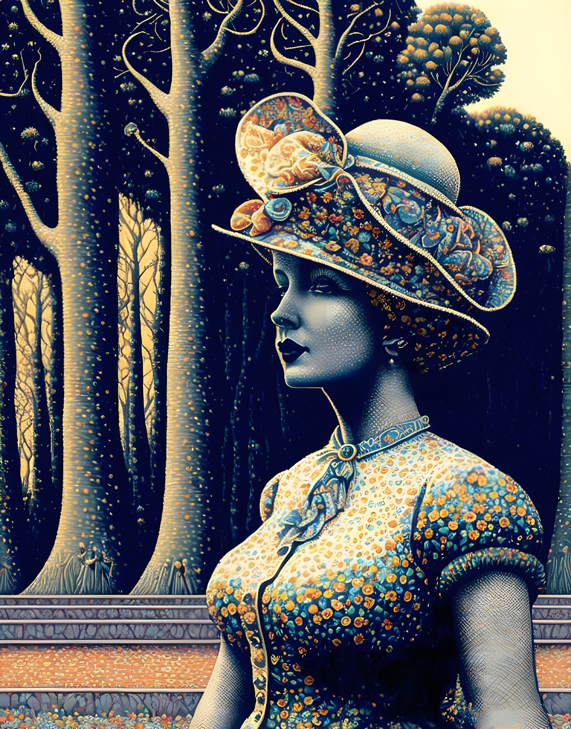 Serene Woman in Floral Dress in Stylized Forest