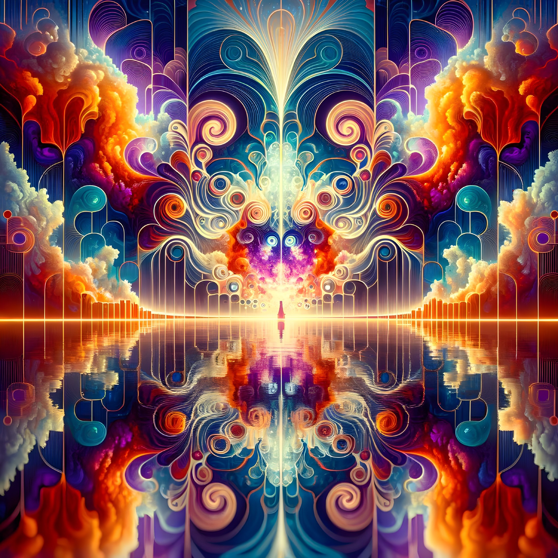 Symmetrical Psychedelic Digital Artwork with Serene Figure