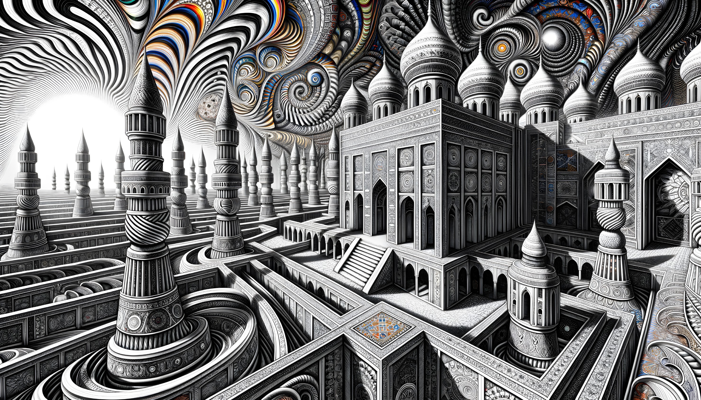 Intricate Black and White Architectural Illustration