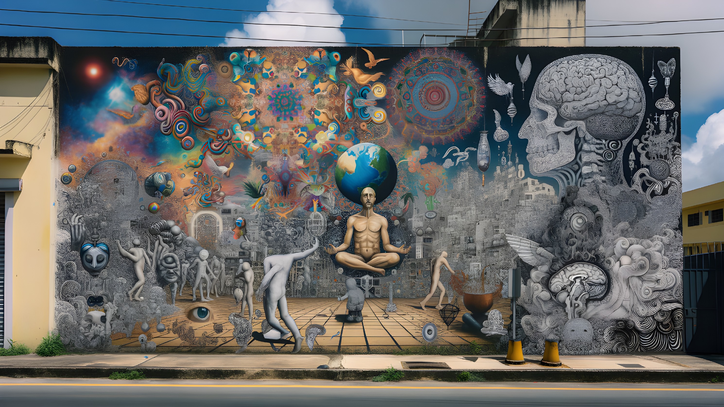 Intricate Mural with Surreal Themes and Vibrant Colors