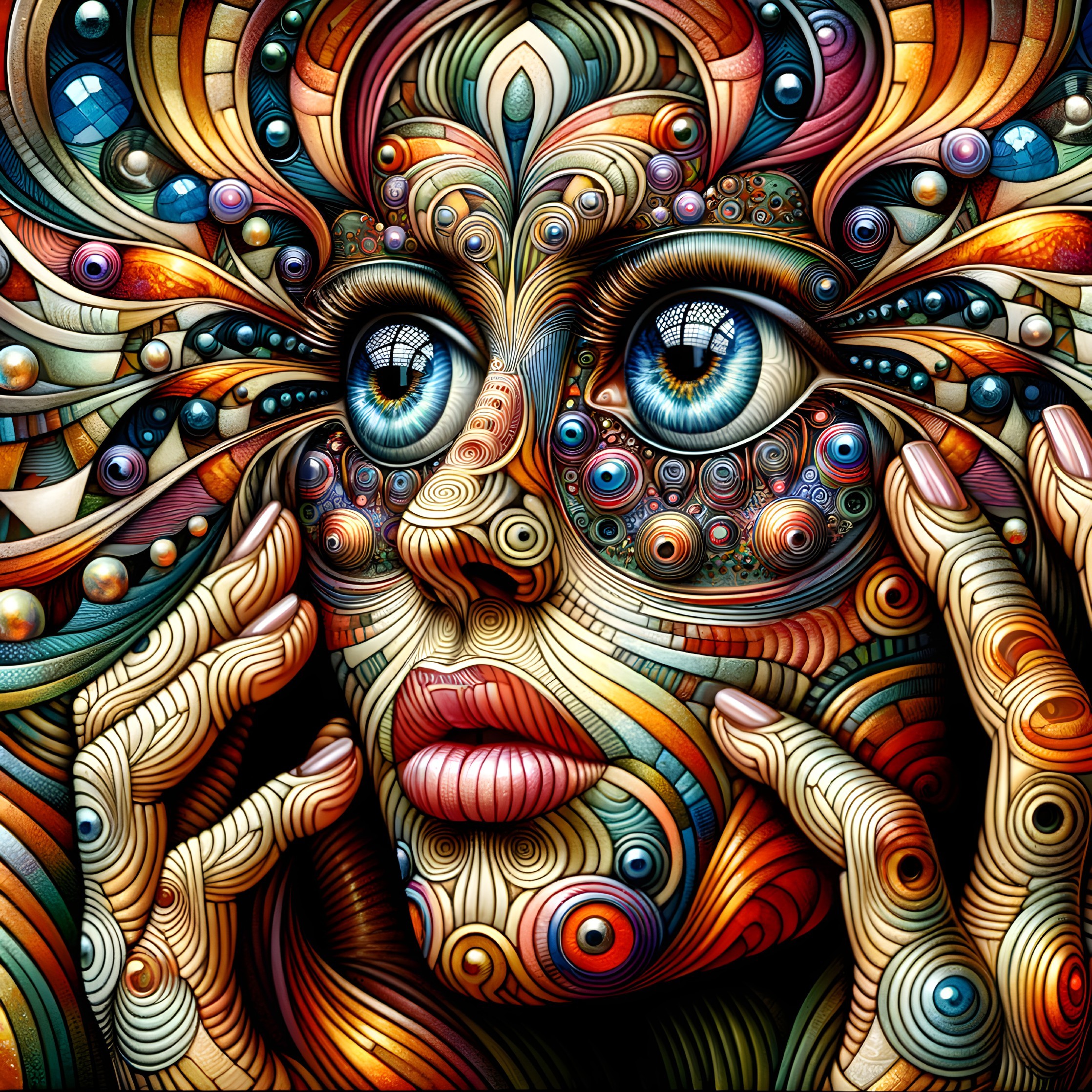 Abstract Face with Blue Eyes and Vibrant Patterns