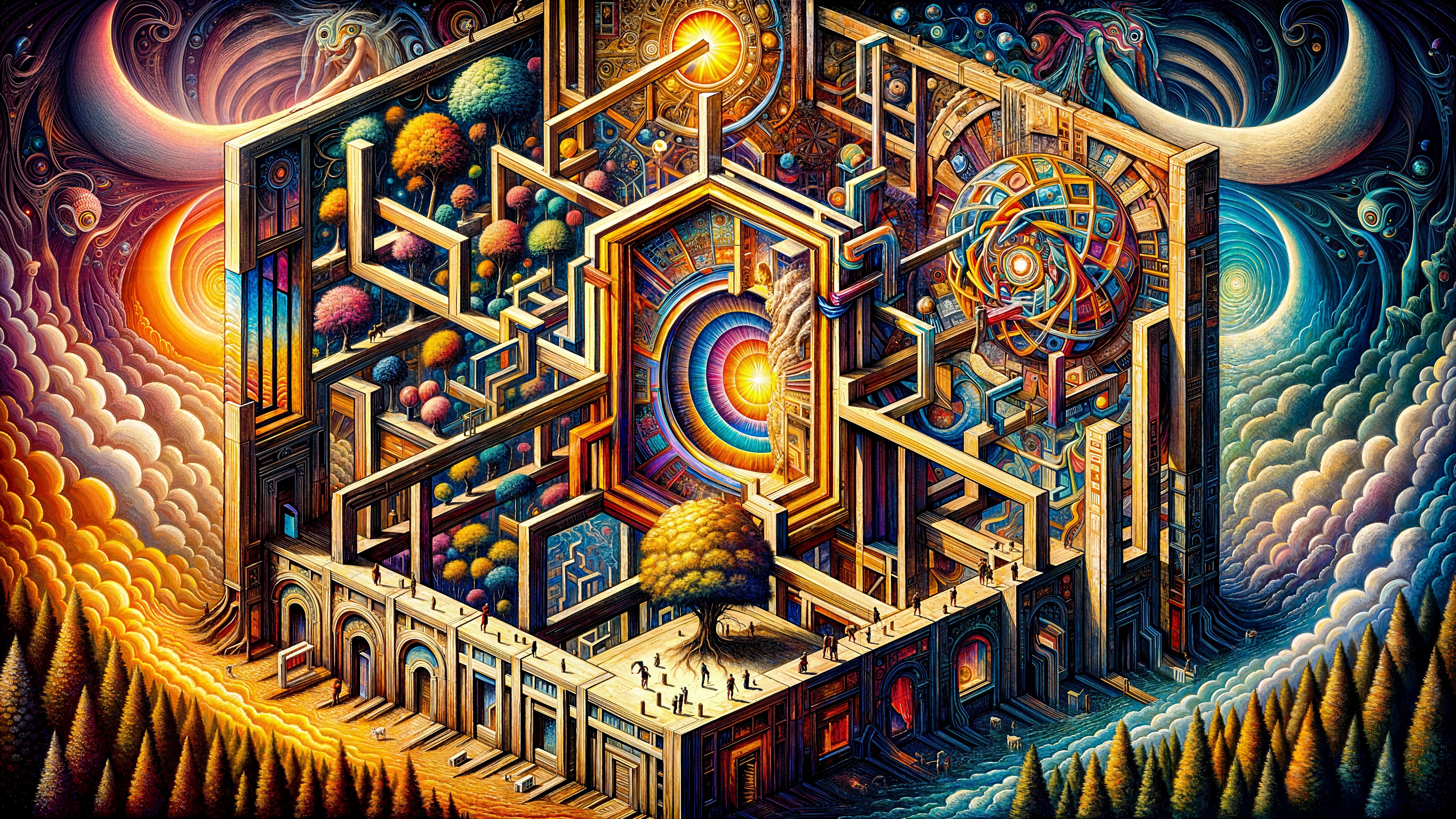 Surreal Architectural Structure with Colorful Pathways