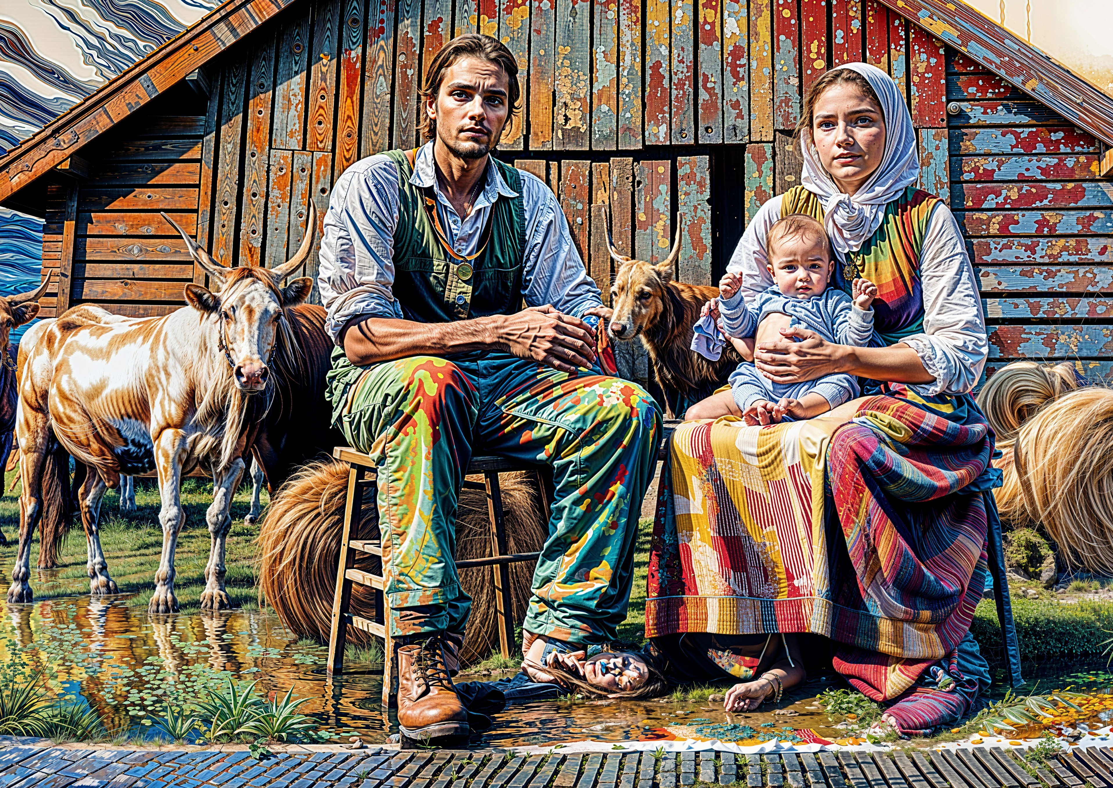 Young couple with baby in rustic farm setting