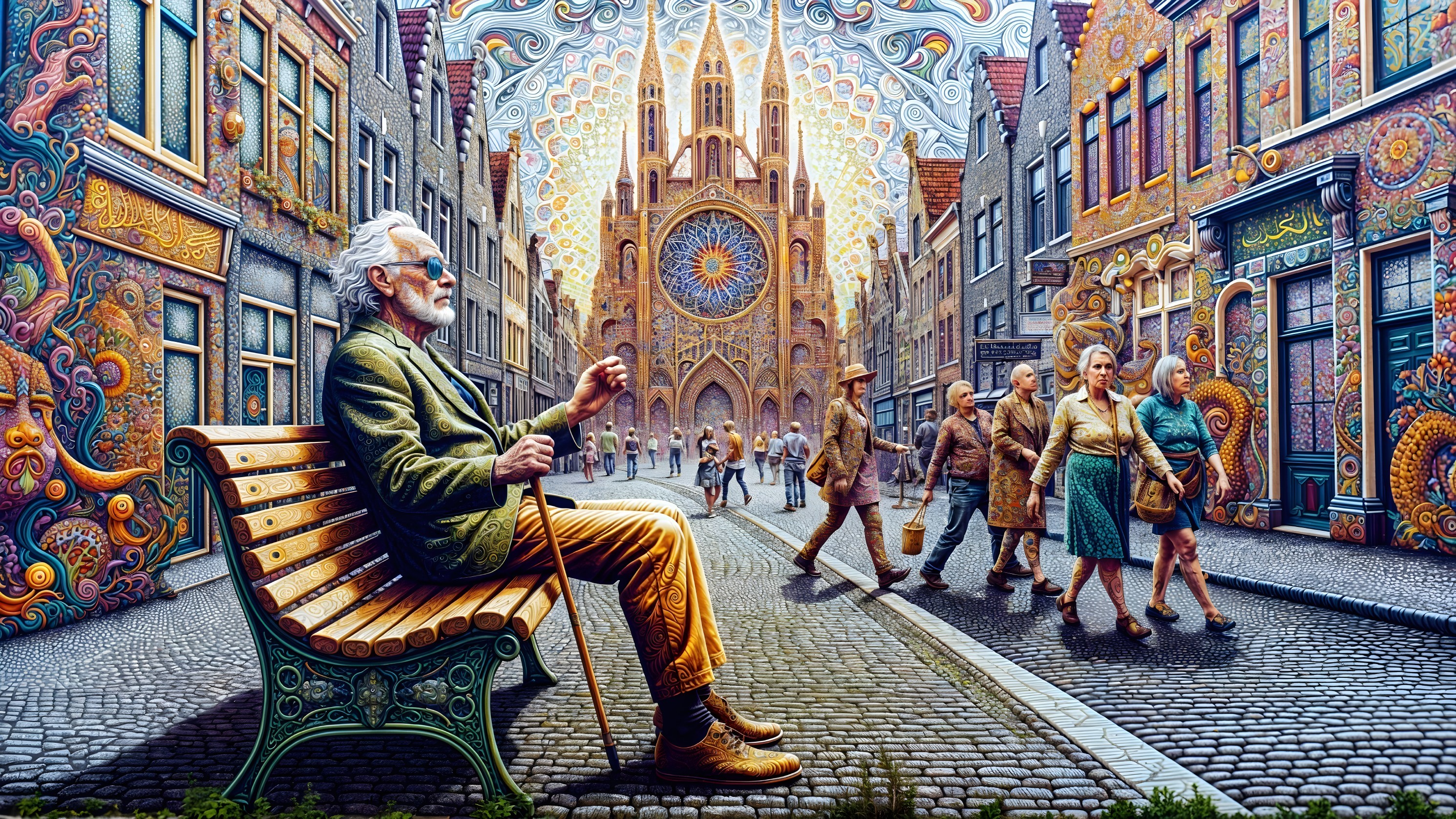 Elderly Man Observing Vibrant Artistic Street Scene