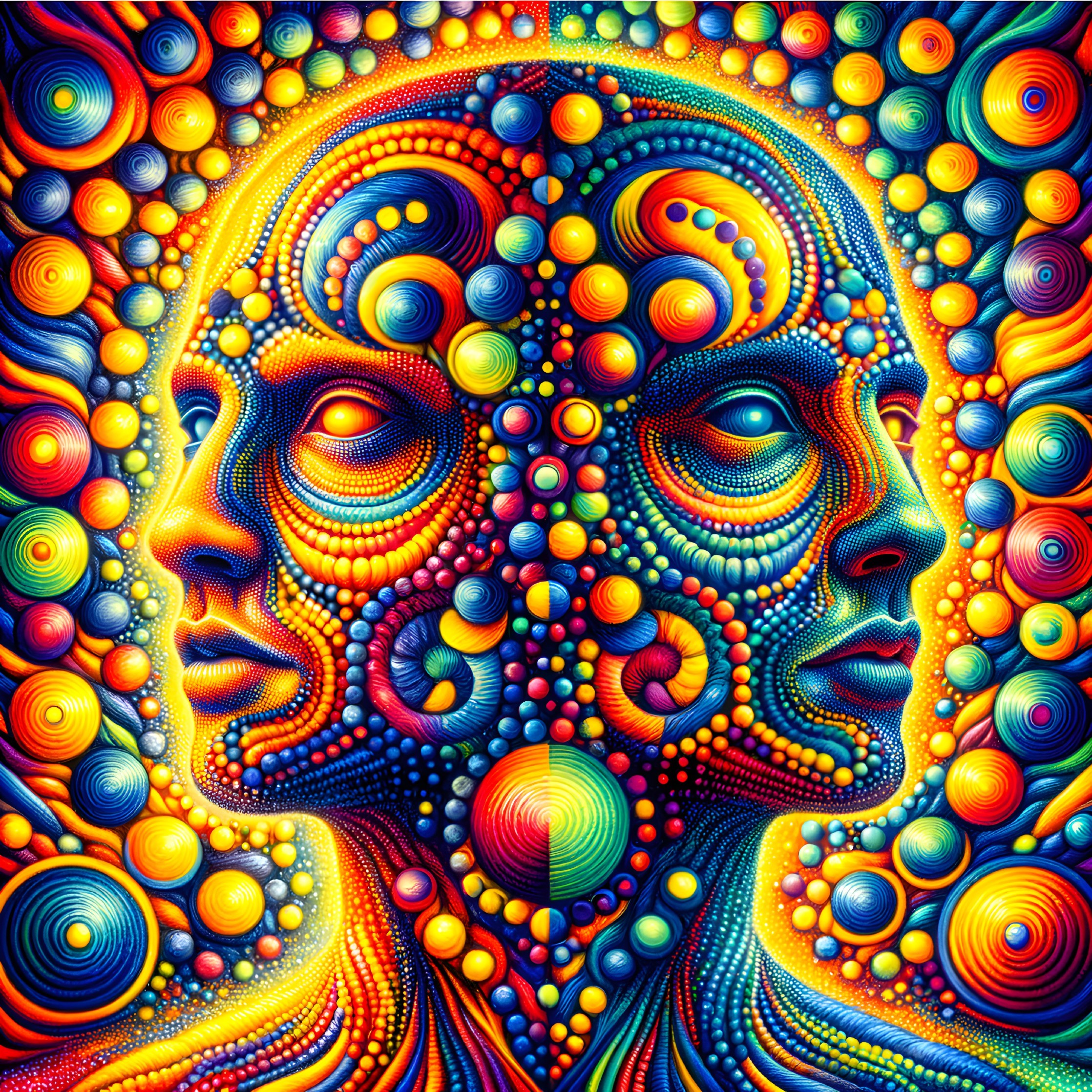 Intricate Design of Mirrored Human Faces in Colorful Patterns