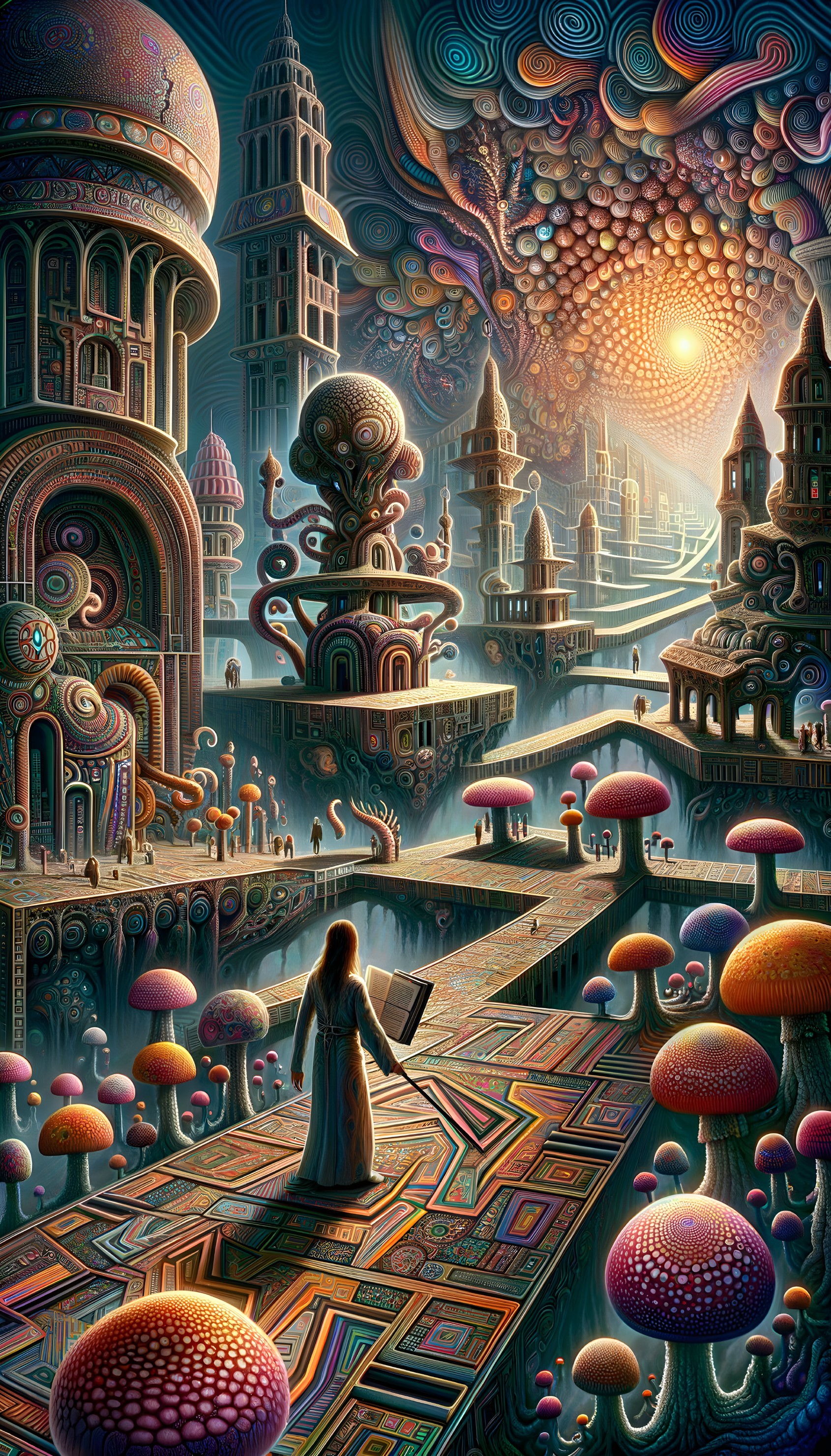 Surreal Landscape with Spiraling Towers and Vibrant Paths