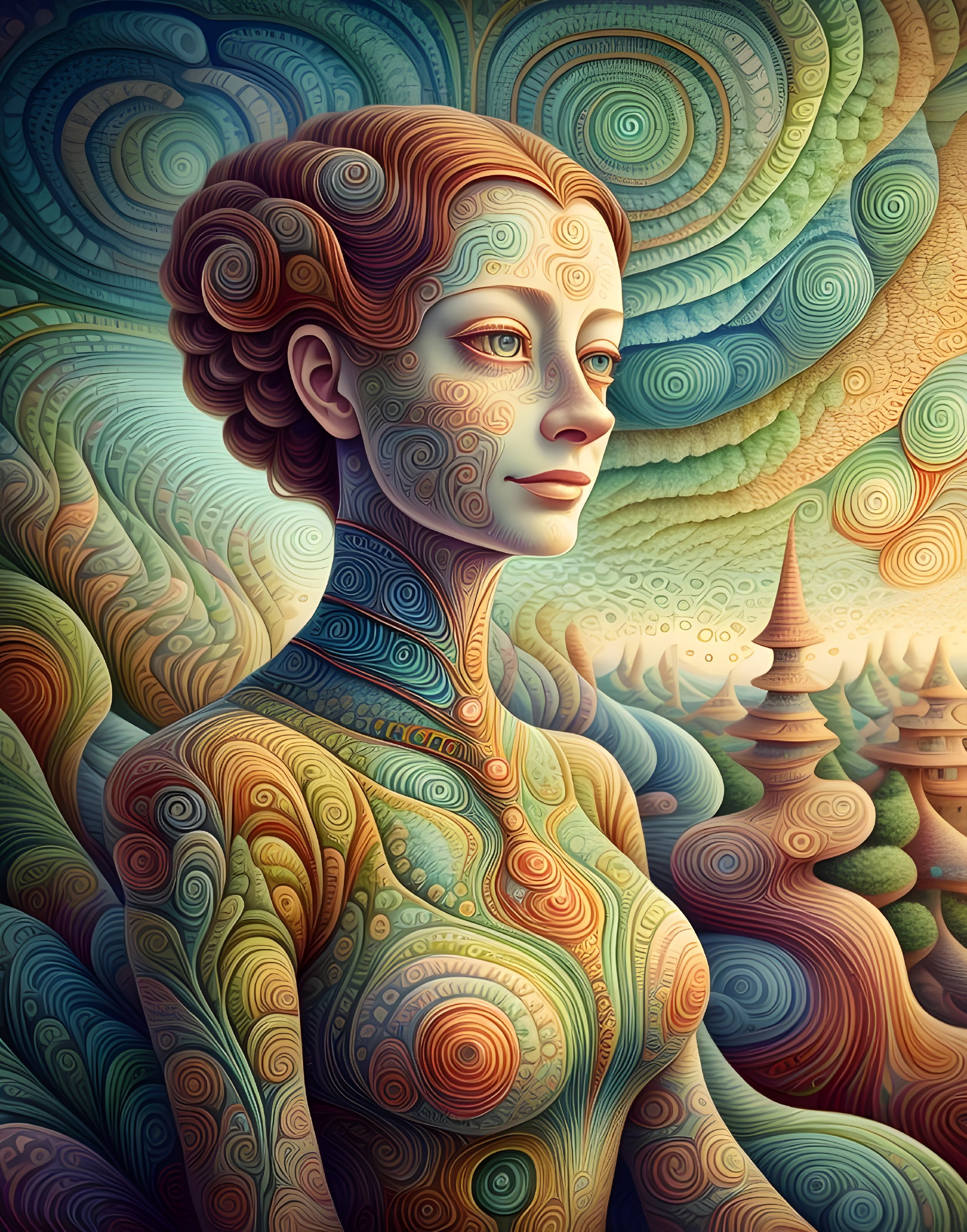 Portrait of a woman with swirling patterns and colors