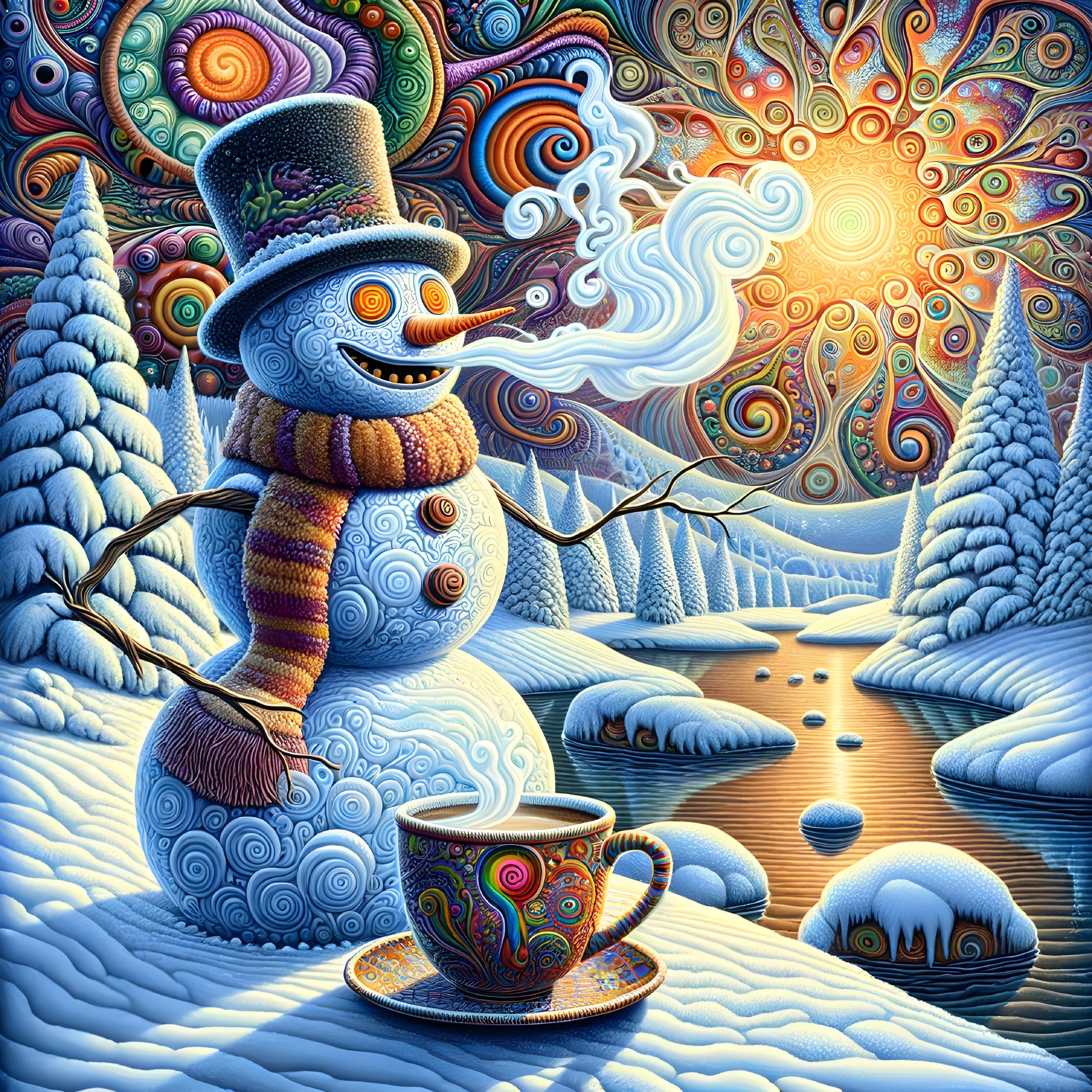 Whimsical Snowman and Cup in Psychedelic Winter Scene