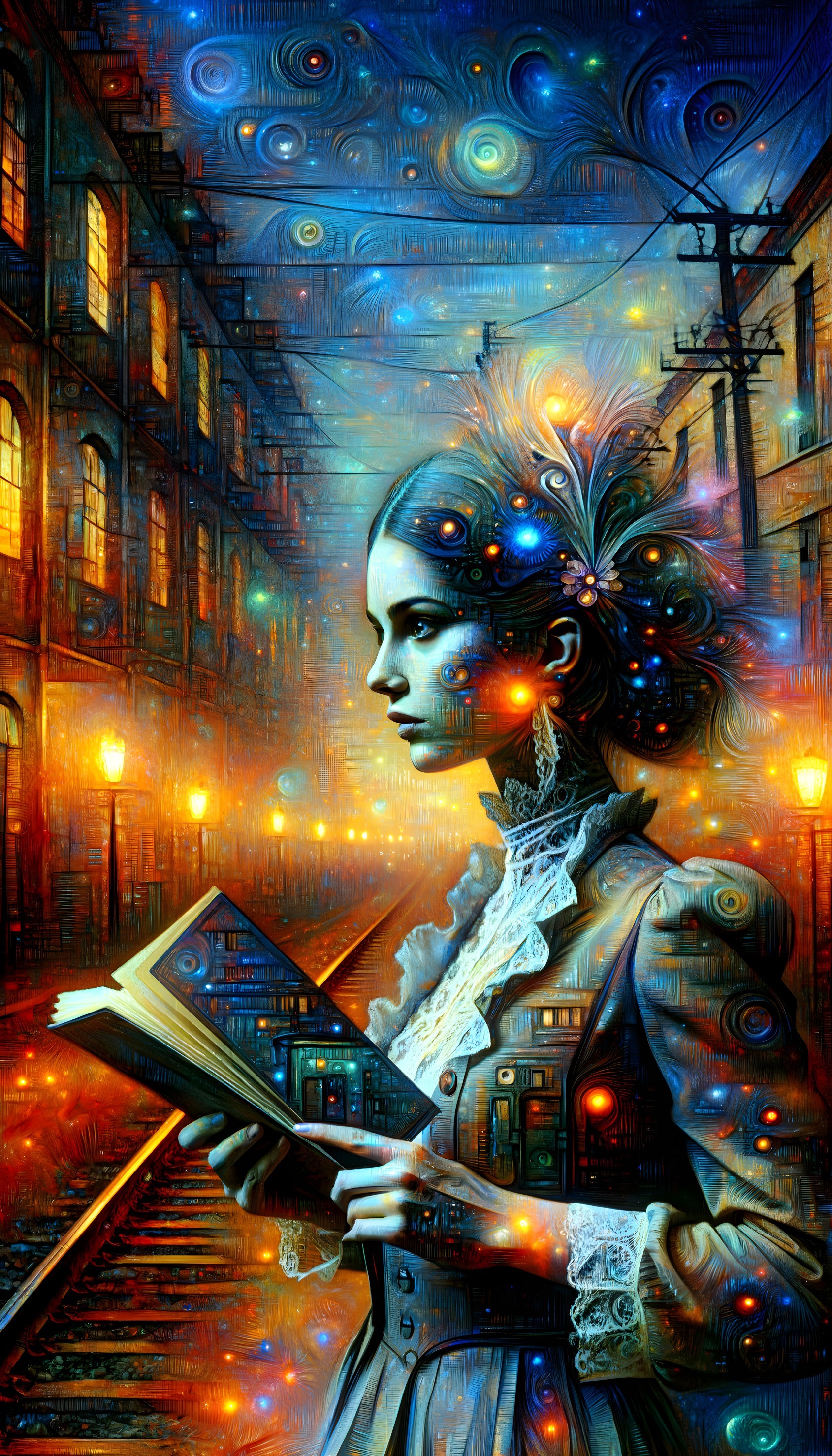 Woman in Vintage Dress by Railway with Book
