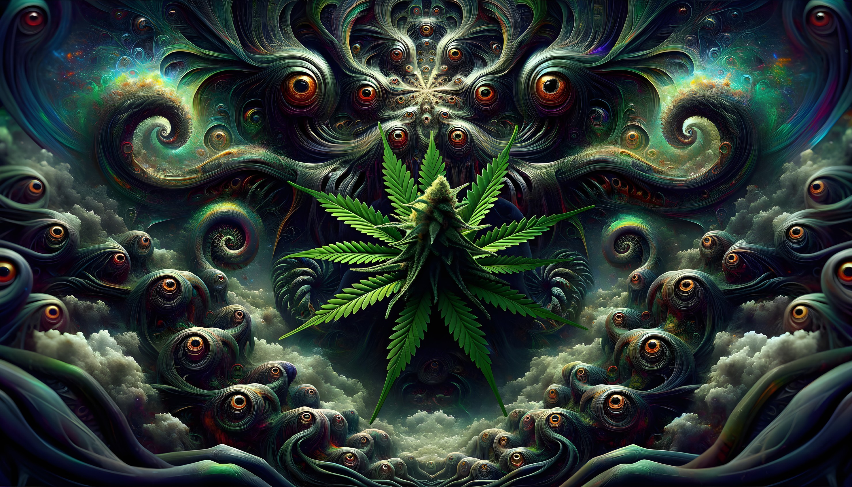Surreal Digital Art with Cannabis Leaf and Abstract Patterns