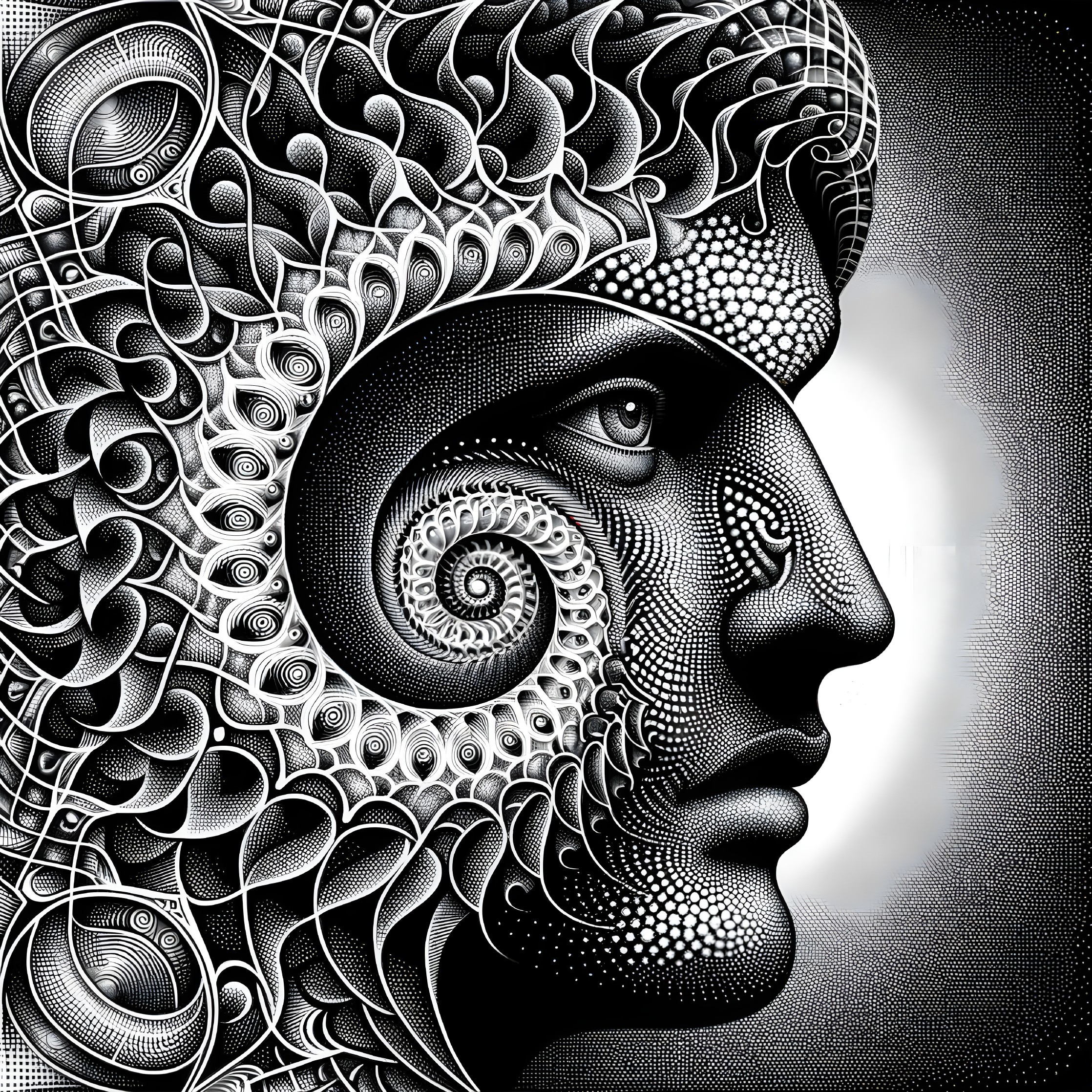 Detailed Black and White Human Face Illustration with Intricate Patterns