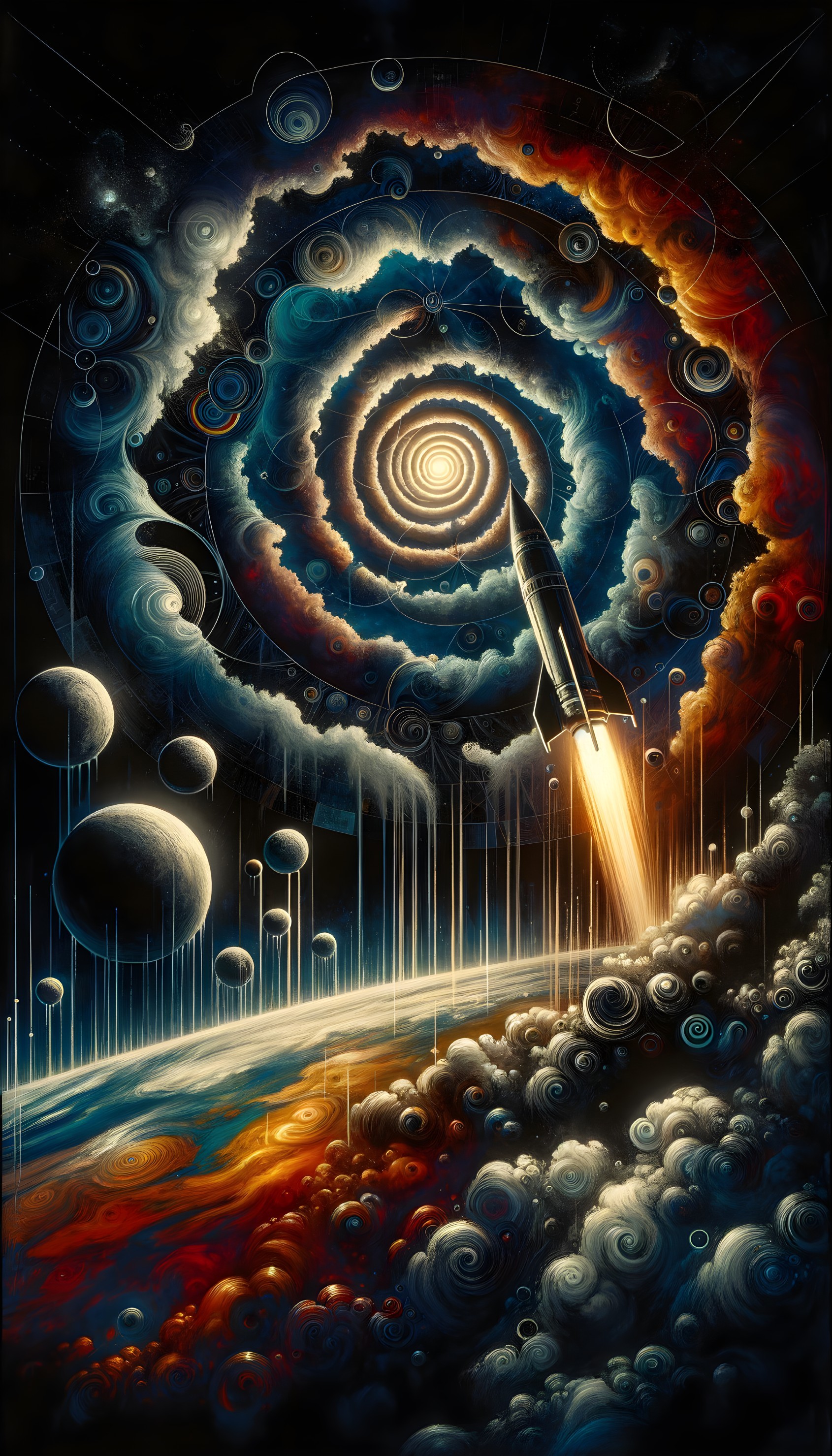 Vibrant Surreal Cosmic Scene with Galaxies and Rocket