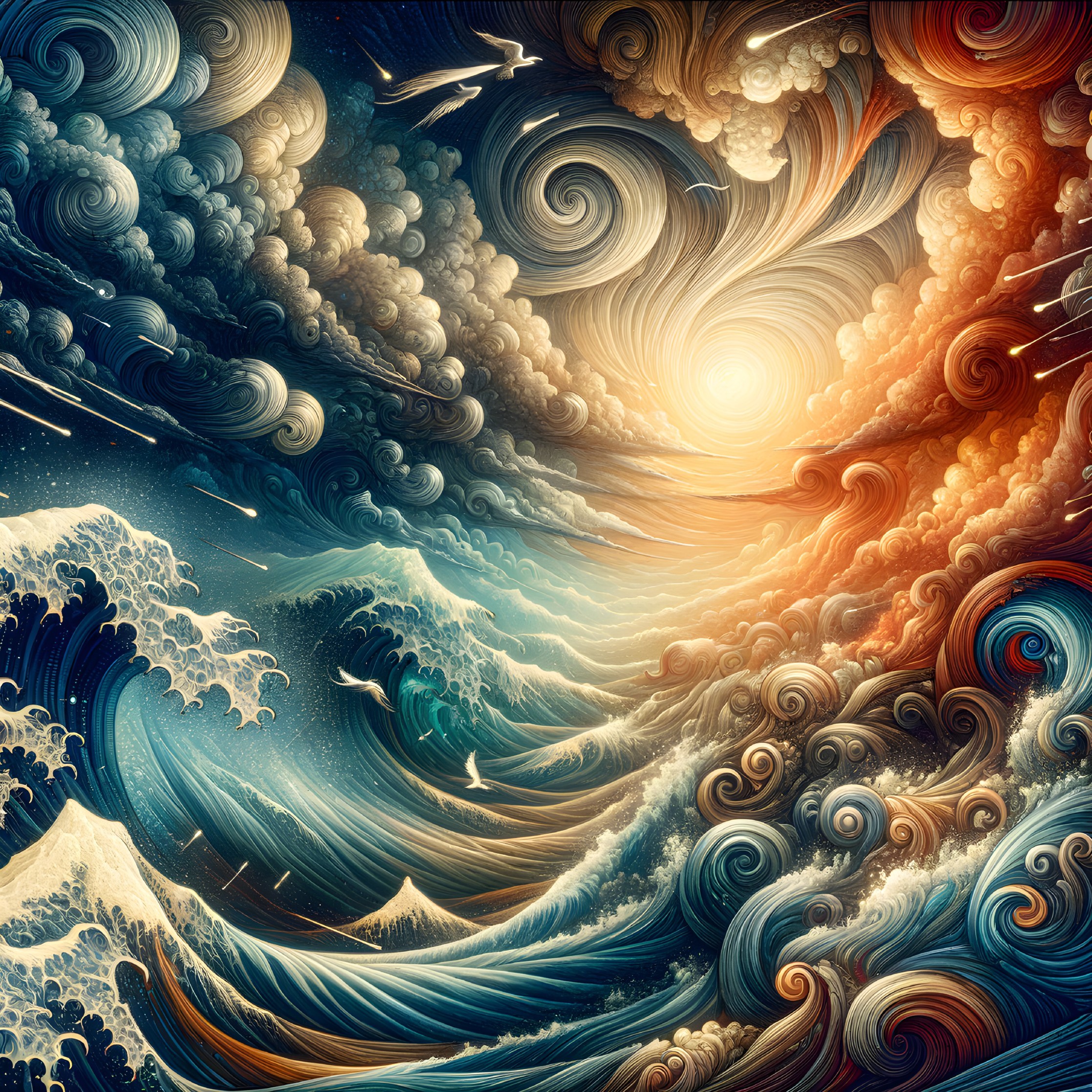 Surreal Ocean Waves and Spiraling Clouds Artwork