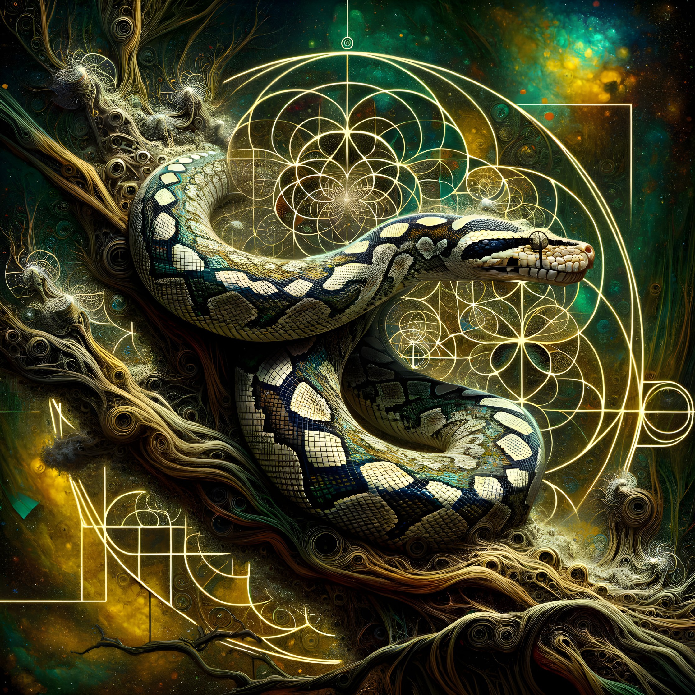 Snake Entwined in Branches with Cosmic Patterns
