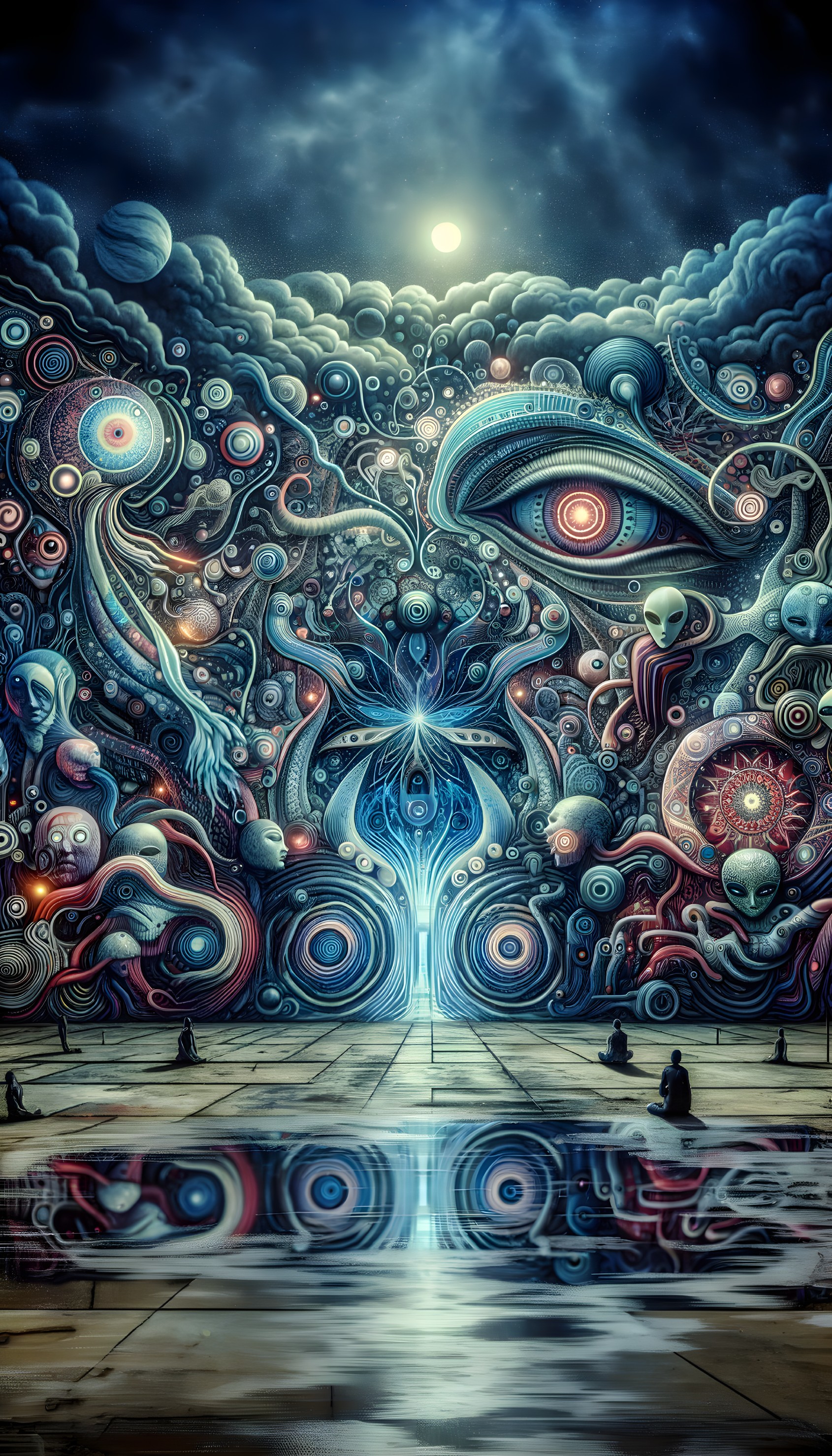 Surreal Cosmic Landscape with Abstract Figures and Patterns