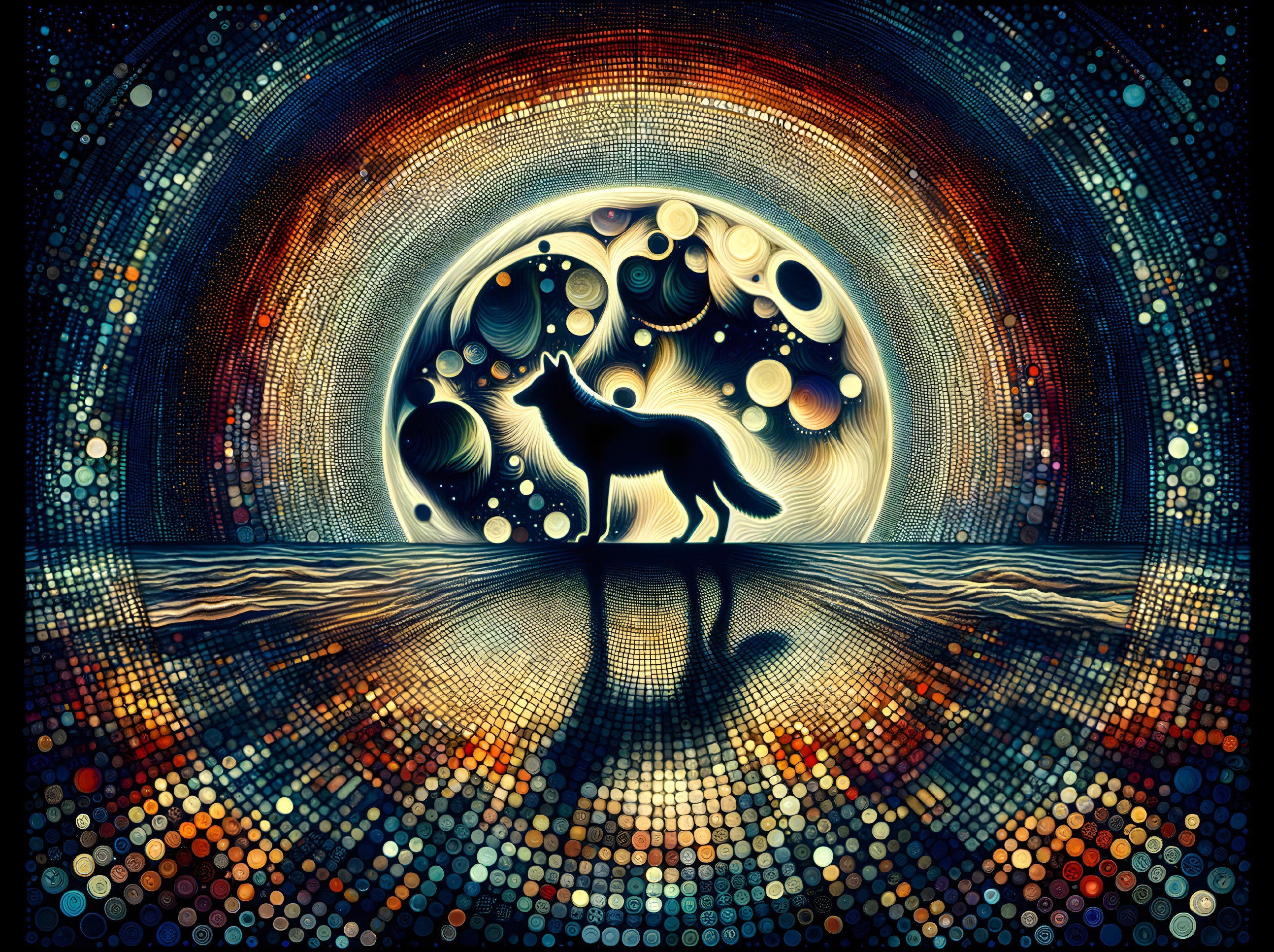 Silhouetted Wolf Against Cosmic Colorful Background