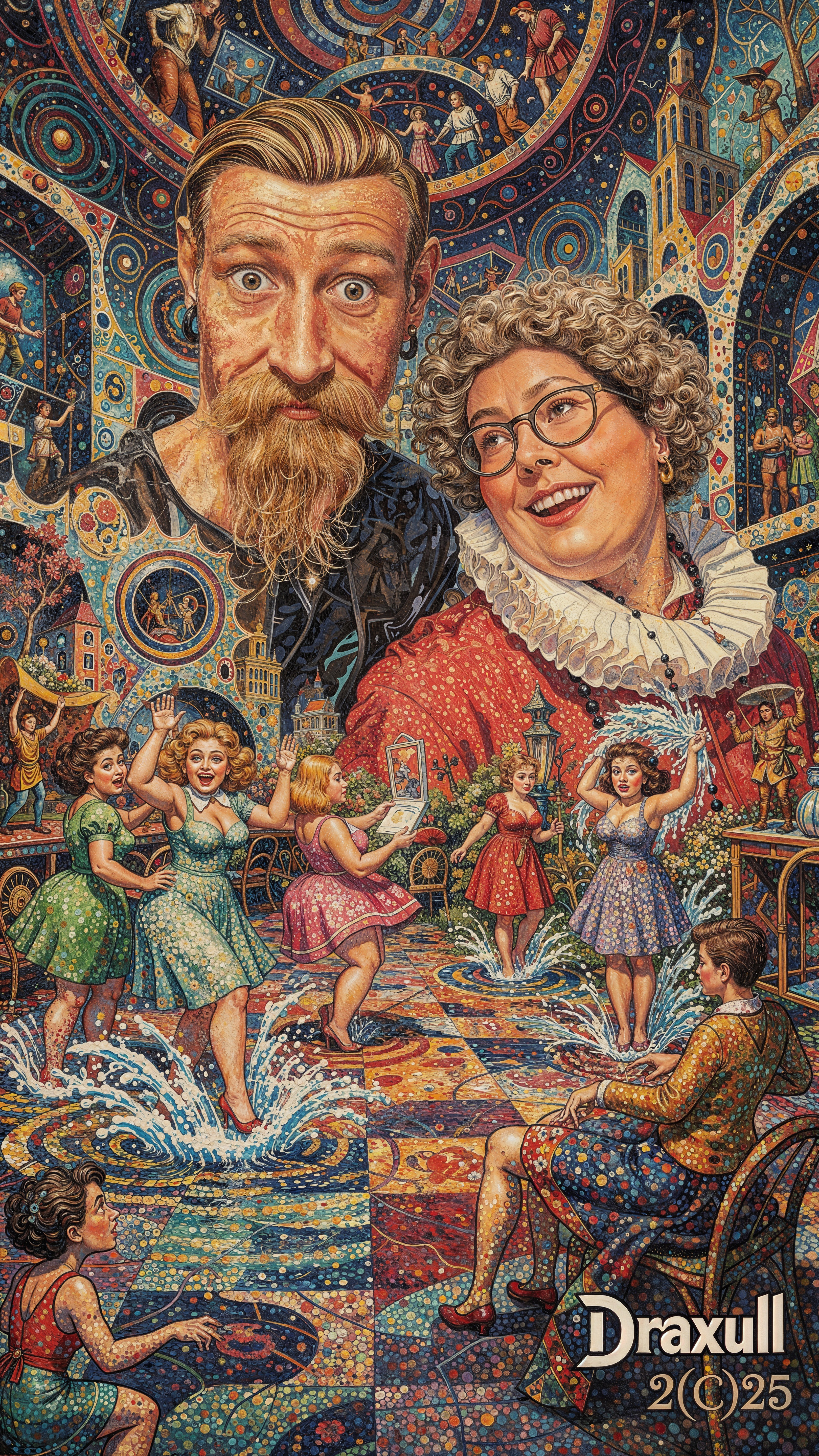 Ukiyo-e Style Painting of Man and Woman in Colorful Scene