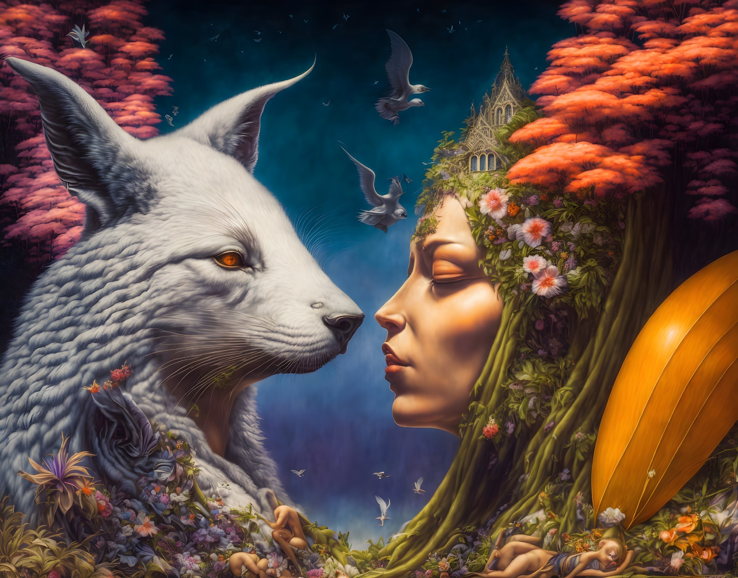 Enchanting Scene of a Woman and a White Fox