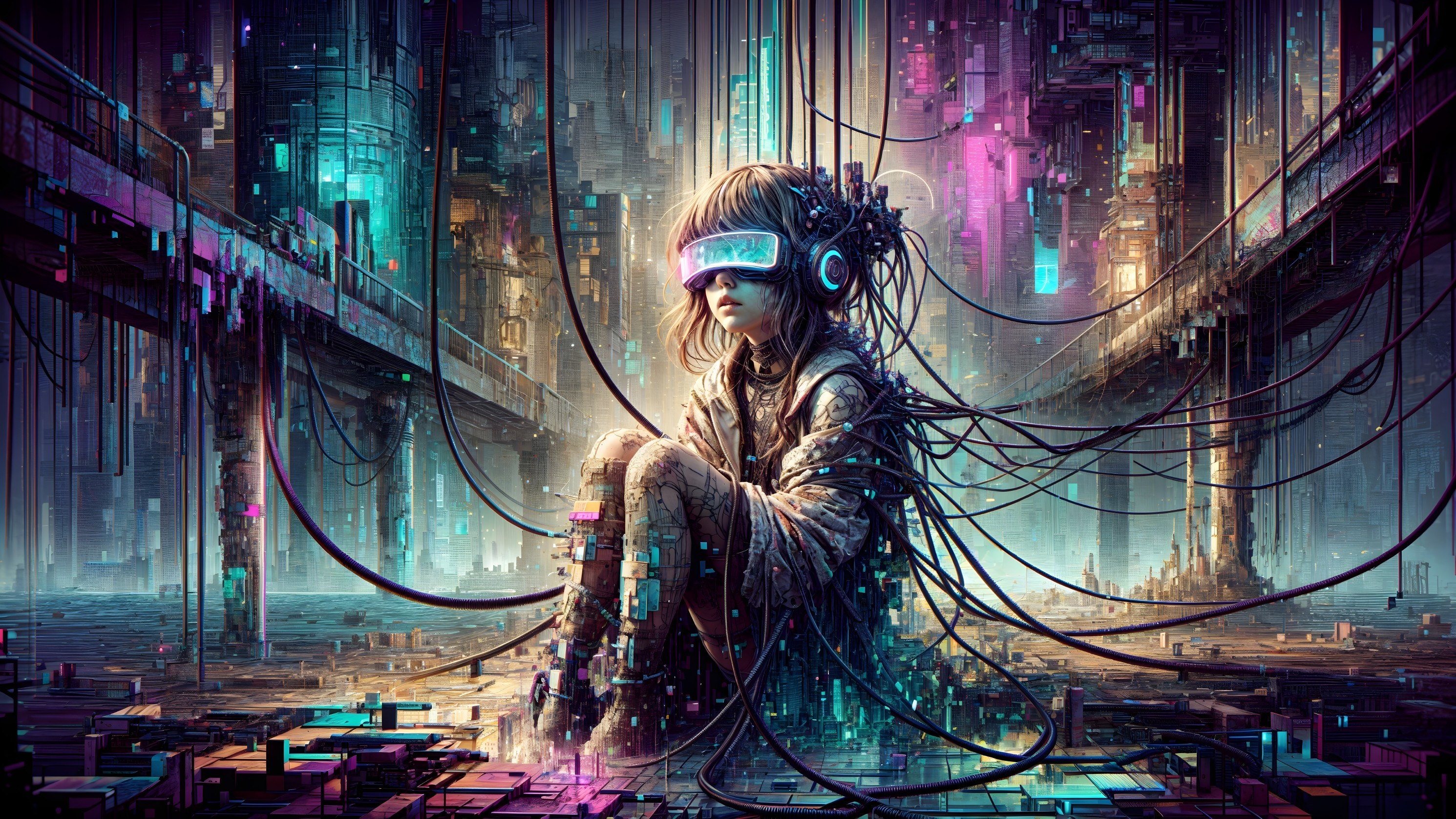 Futuristic Cityscape with a Girl in Virtual Reality