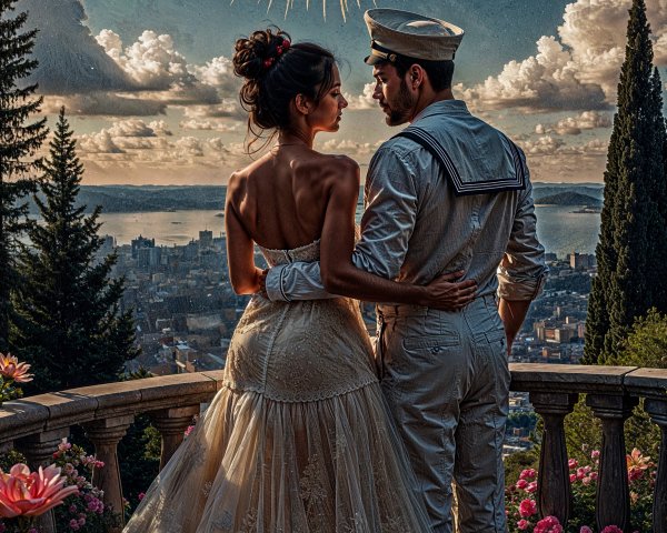 Nighttime Balcony Embrace with City and Fireworks