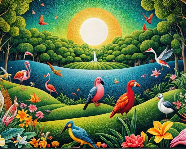 Vibrant Tropical Landscape with Lush Flora and Fauna