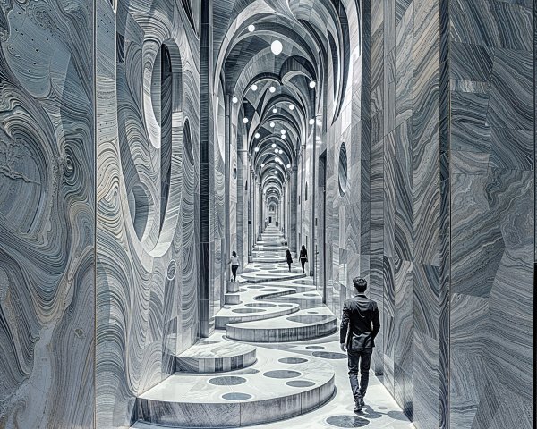 Corridor with Swirling Marble Patterns and Arched Ceilings
