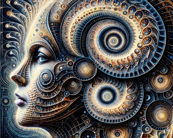 Stylized Face with Swirling Patterns and Cosmic Themes