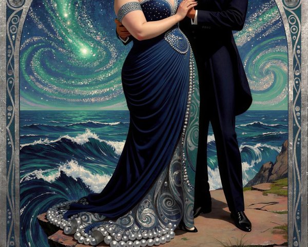 Couple on Cliff with Turbulent Sea and Starlit Sky