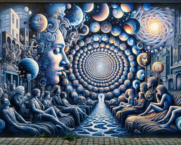 Cosmic Mural with Human Faces and Celestial Elements
