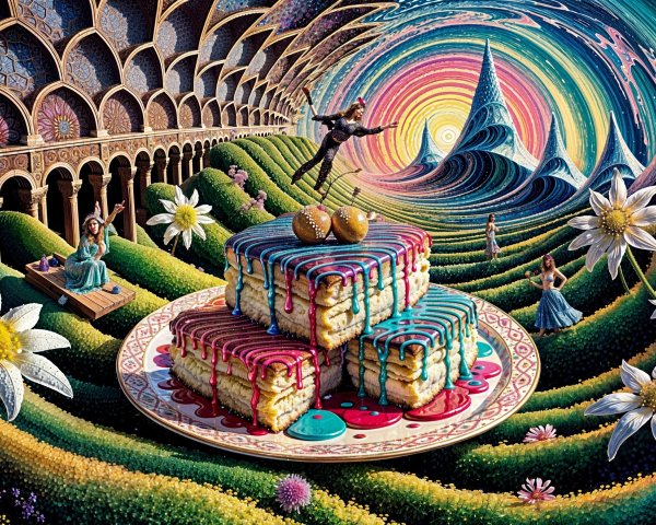 Whimsical Scene of Colorful Cakes in Dreamlike Landscape