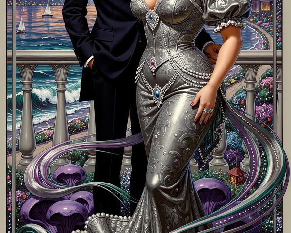 Art Deco Digital Painting of Couple on Balcony at Dusk