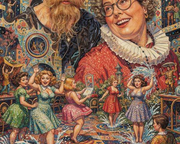 Ukiyo-e Style Painting of Man and Woman in Colorful Scene