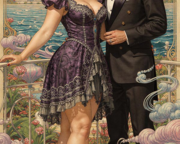 Vintage Illustration of Couple in Formal Attire on Balcony