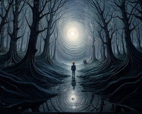 Surreal Forest with Glowing Vortex and Reflective Pool