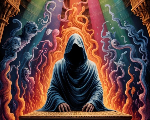 Mysterious Figure at Altar Surrounded by Flames