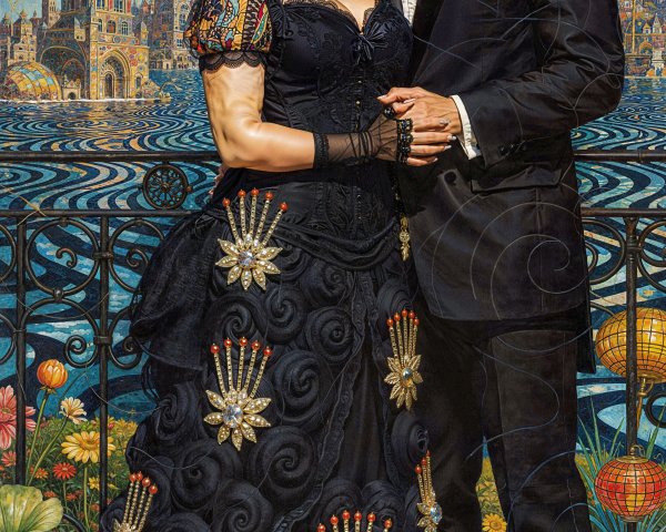 Elegant Couple on Balcony with Fantasy Cityscape