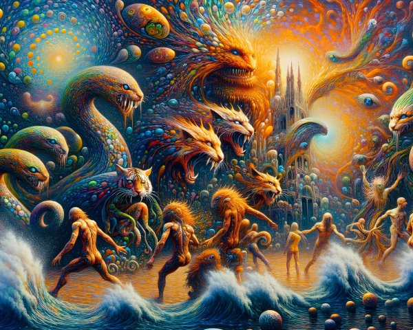 Surreal Landscape with Fantastical Creatures and City