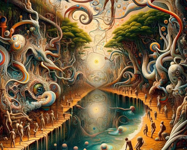 Surreal Landscape with Winding River and Ethereal Figures