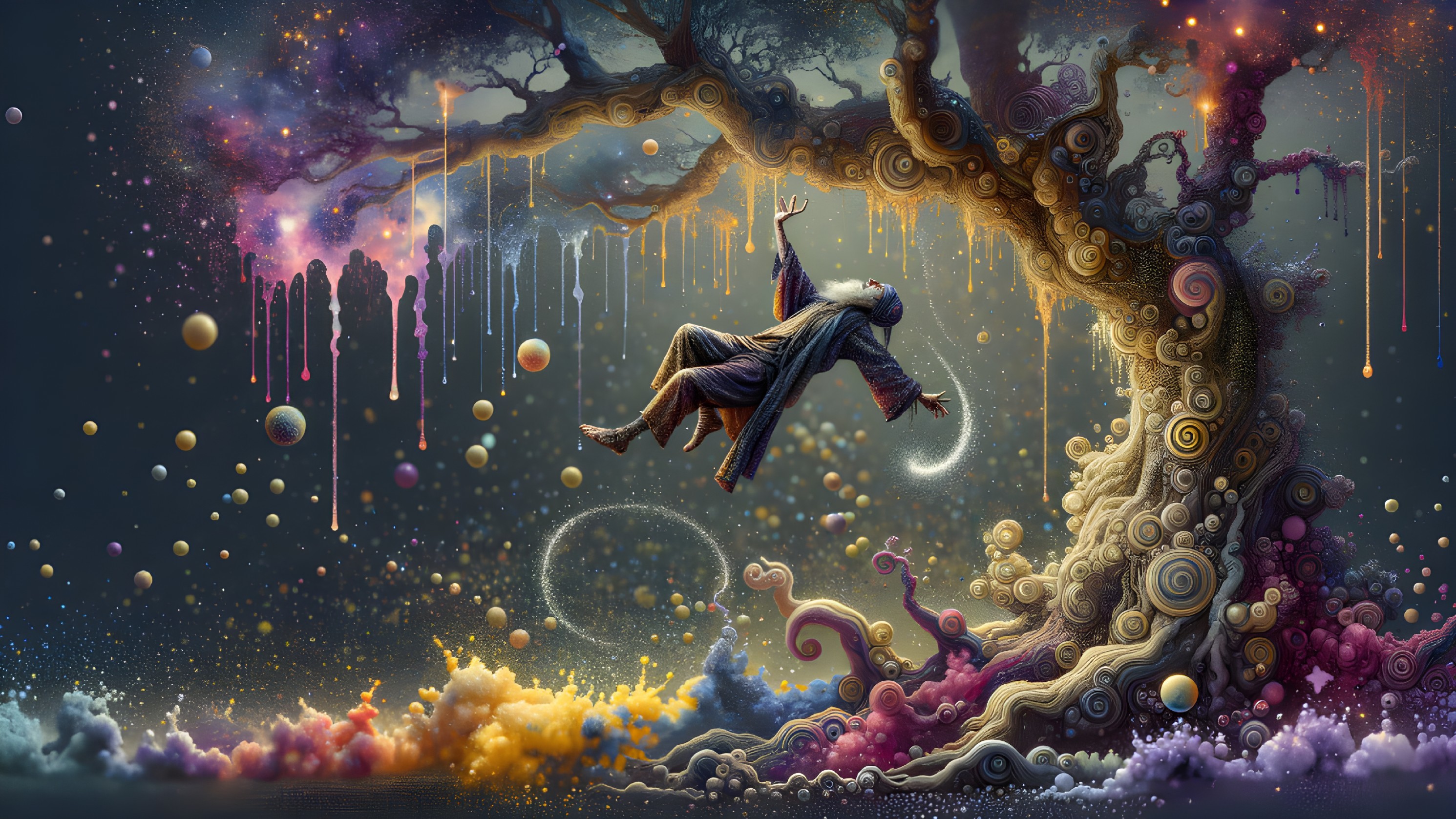 Surreal Cosmic Scene with Spiraling Tree and Orbs
