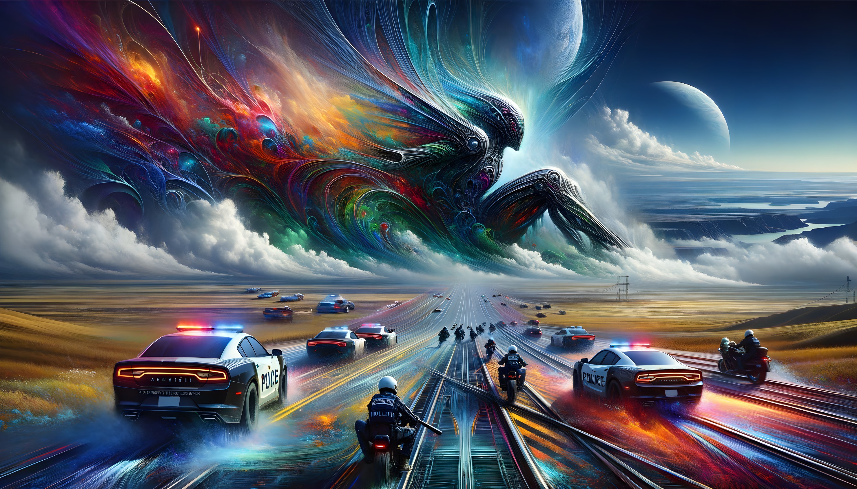 Surreal Highway with Futuristic Police and Cosmic Creatures