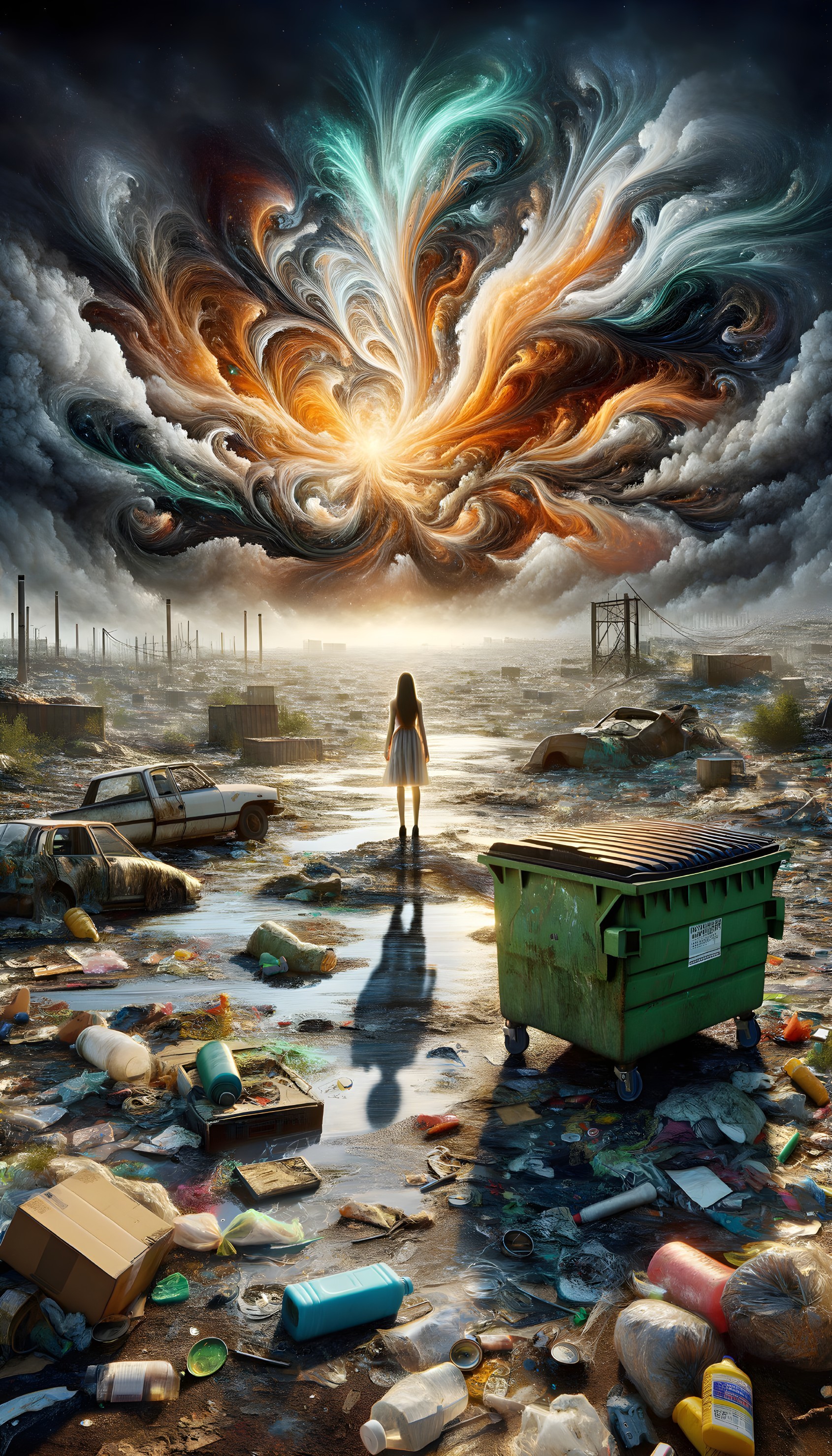 Young girl in a desolate landscape under cosmic colors