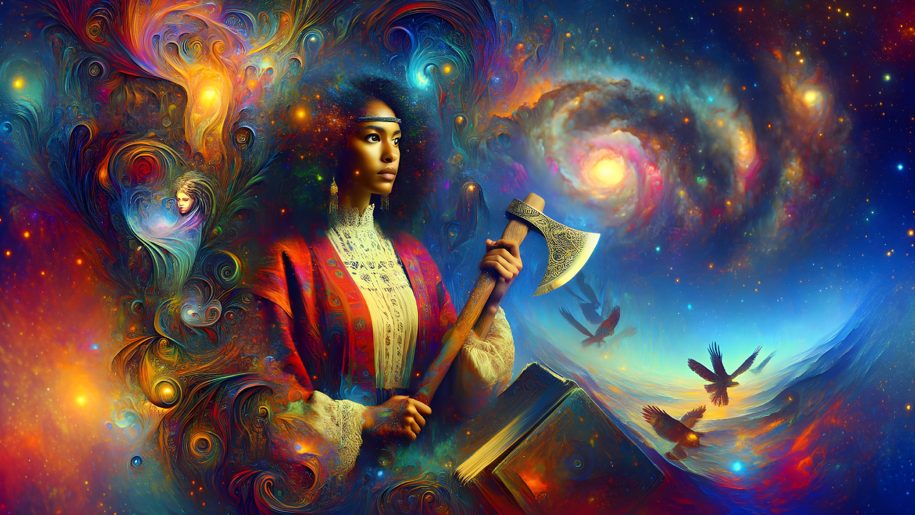 Woman in Cosmic Setting with Axe and Book