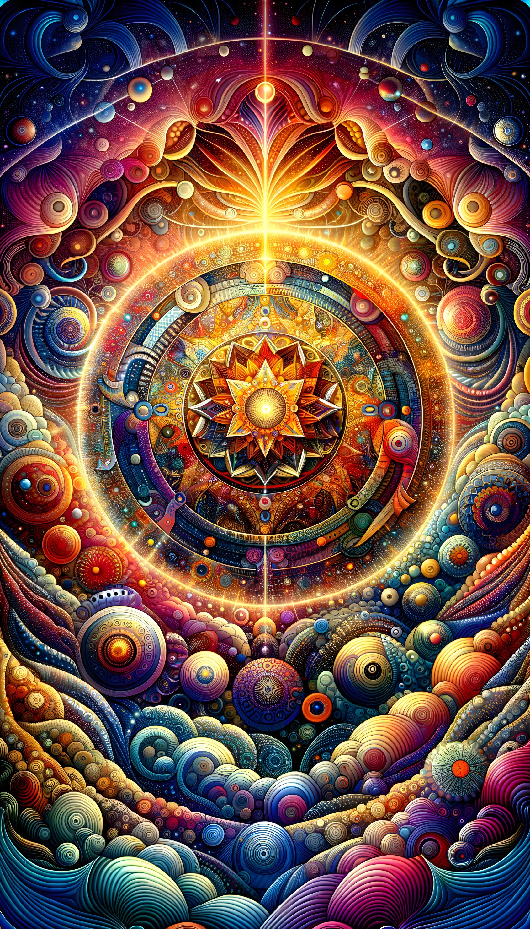 Vibrant Cosmic Artwork with Central Mandala and Orbs